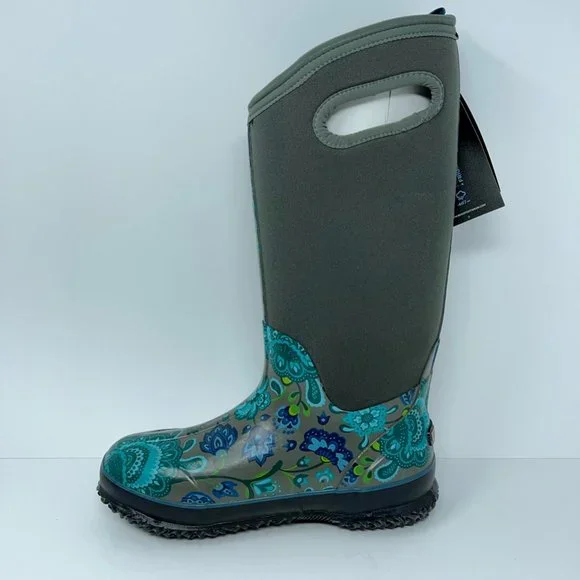 Bogs Womens Classic Winter Blooms Boots Blue Gray Floral Mid Calf Pull On 6 New
